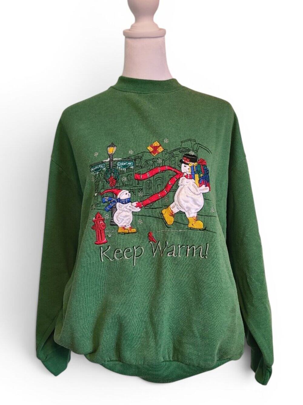 Vintage 90s Keep Warm Snowman Christmas Holiday Green Crew Neck Sweatshirt